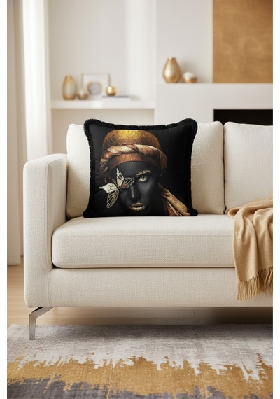 Gold Art Portre Saçaklı Yastık Kılıfı - Lüks Afro Bohem Siyah Altın Renkli Püsküllü Kırlent Kılıfı Açık Yağmur Altın Gold Art Portre Saçaklı Yastık Kılıfı - Lüks Afro Bohem Siyah Altın Renkli Püsküllü Kırlent Kılıfı Açık Yağmur Altın