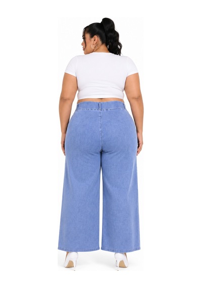 Büyük Beden Beli Lastikli Bağcıklı Yüksek Bel Taş Şerit Detaylı Bol Paça Denim Kadın Pantolon Mavi Büyük Beden Beli Lastikli Bağcıklı Yüksek Bel Taş Şerit Detaylı Bol Paça Denim Kadın Pantolon Mavi