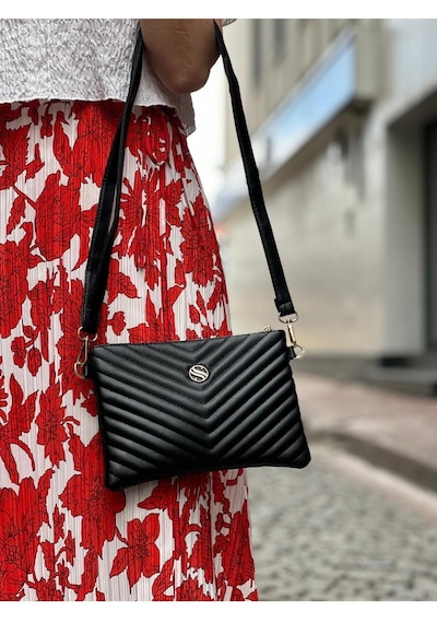 Sanmorris Kadın Suni Deri Siyah Mat Ayarlanabilir Çapraz Ve El Askılı Portföy, Clutch Çanta Mat Siyah