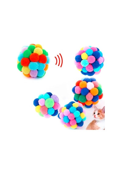 7 CM Ponpon Top Çıngıraklı Kedi Oyuncağı 2'li Çok Renkli