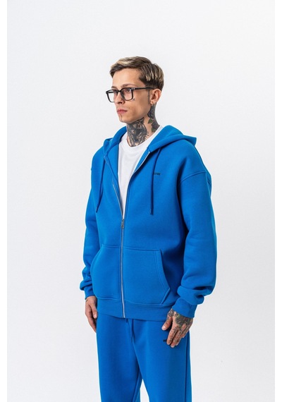 Erkek Respire Yazı Detaylı Kapüşonlu Basic Zip Oversize Hoodie Mavi