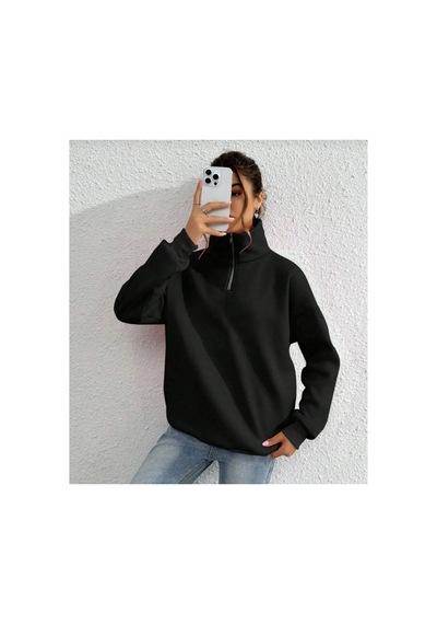Veraura Lifestyle Unisex Uzun Kol Yarım Farmuarlı Yakalı Basic Sweatshirt - Siyah