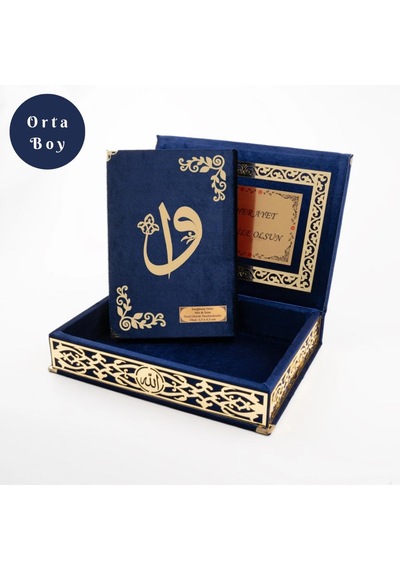 Raşel Kutulu Hediyelik Kuran-ı Kerim Orta Boy, Lacivert, Elif-vav Gold Pleksi