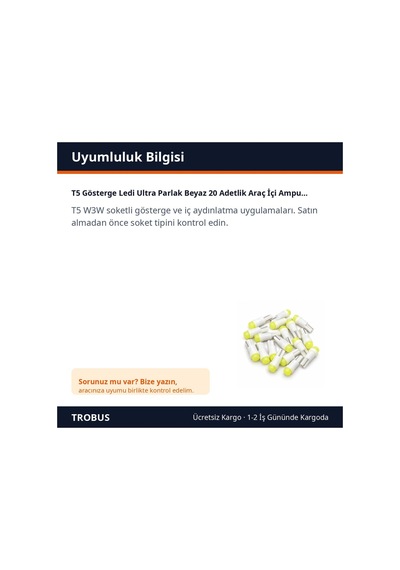 Trobus T5 Gösterge Ledi Ultra Parlak Beyaz 20 Adetlik Araç İçi Ampul Seti