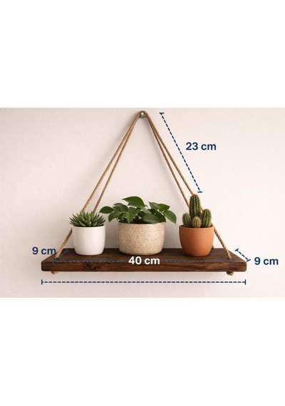 El Yapımı Halatlı Duvar Rafı Kahve Renk Masif Ahşap 40 Cm Kahverengi