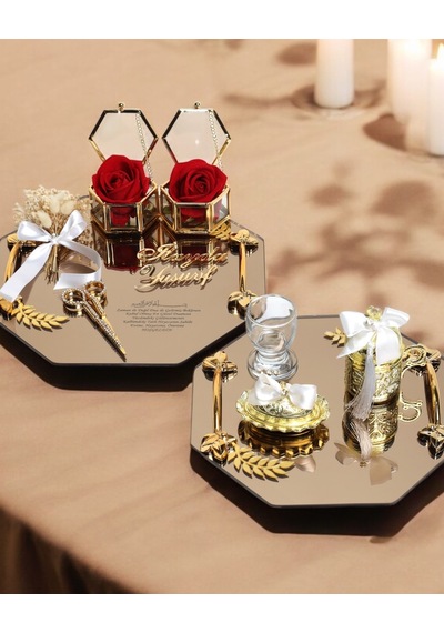 Affinity Sekizgen Gold Söz Nişan Tepsisi Ve Damat Kahve Fincan Tepsisi Beyaz Beyaz