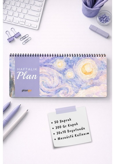 Tarihsiz Spiralli Haftalık Masaüstü Planlayıcı - Mavi Sulu Boya - 10x30 Cm Plango Turkuaz