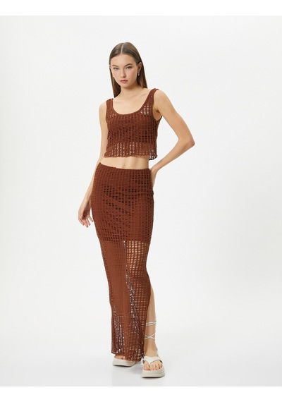 Koton Uzun Kroşe Etek Ajurlu Yüksek Bel Yanları Yırtmaçlı Astarlı Slim Fit Kahverengi 4sal70009ık Kahve