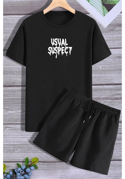 Sırt Baskılı Şort T-shirt Eşofman Takımı Siyah