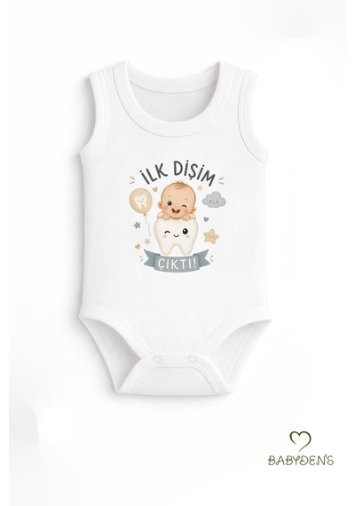 Babyden's İlk Dişim Çıktı Baskılı Kolsuz Bebek Body %100 Pamuk Unisex Diş Buğdayı Konsept Çıtçıtlı Zıbın Beyaz