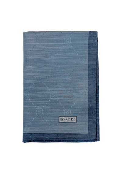 Vakko Pamuk İpek Şal - Şeritli Monogram - Soft İndigo Taş
