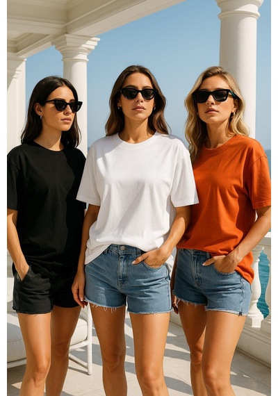 Kadın 3'lü Paket Siyah-beyaz-turuncu %100 Pamuk Oversize Basic Tişört Bisiklet Yaka Relaxed T-shirt Çok Renkli