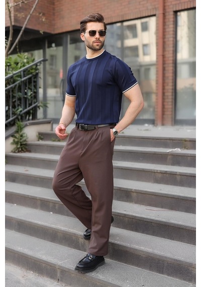 Madmext Lacivert Bisiklet Yaka Regular Fit Triko Erkek Tişört E7487