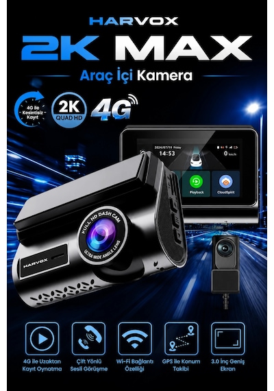 Harvox 2k Max Akıllı Araç Kamerası Ön 2k Arka Full Hd Sim Kartlı 4g Bağlantılı Çift Yönlü Ses G-sens