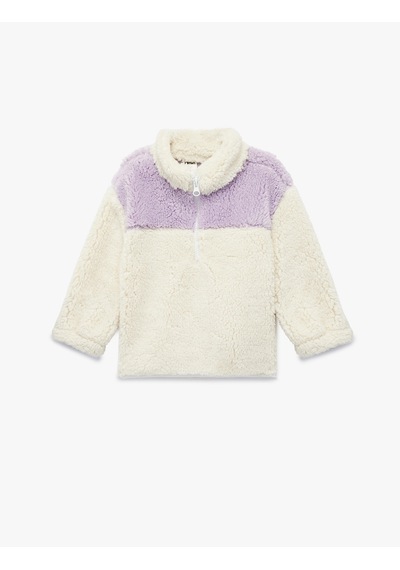 Koton Uzun Kollu Yarım Fermuarlı Dik Yaka Peluş Sweatshirt Ekru 6wmg10009ak Ekru