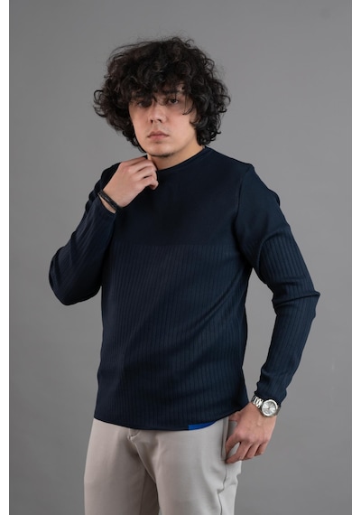 Bisiklet Yaka Likralı Microfilament Kumaş Slimfit Erkek Sweatshirt Lacivert