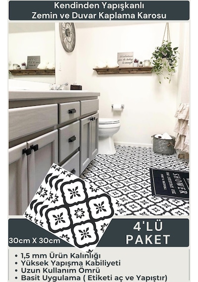 Technojet Kendinden Yapışkanlı Modern Tasarım Mutfak Banyo Zemin Duvar Kaplama 30cm 30cm 4'lü Paket