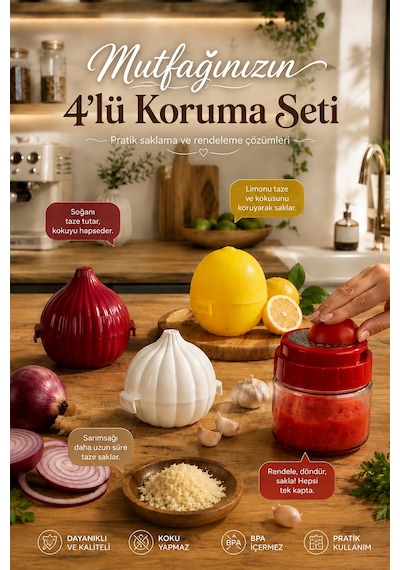 Porsima 4471 4'lü Mutfak Düzenleyici Seti Soğan, Sarımsak, Limon Saklama Kabı Ve 300 Ml Hazneli Rende Çok Renkli