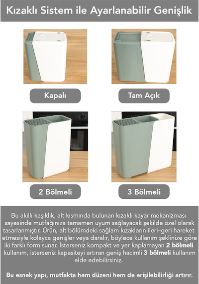 Ayarlanabilir Kaşık Bıçak Standı - Uzayabilen Bölmeli Organizer Bıçaklık Tezgah Üstü Kaşıklık Yeşil Yeşil