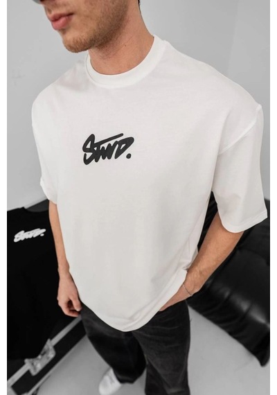 Erkek Tişört Yazlık Baskılı Oversize Kısa Kol T-shirt - Beyaz