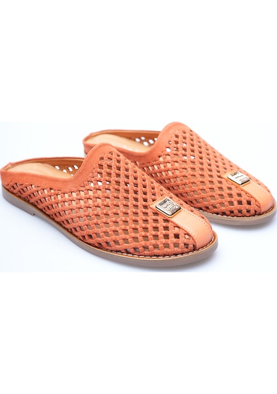 Analin Shoes Kadın Hakiki Deri Delikli Günlük Rahat Terlik Turuncu