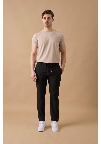 Braccas Erkek Slim Fit Beli Bağlamalı Dokulu Siyah Pantolon Siyah