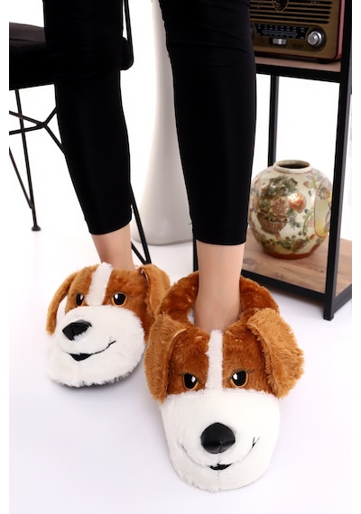 Wordex Hayvanlı H10 Köpekli Kışlık Kadın Erkek Çocuk Panduf Ev Içi Sessiz Taban Panduf Taba