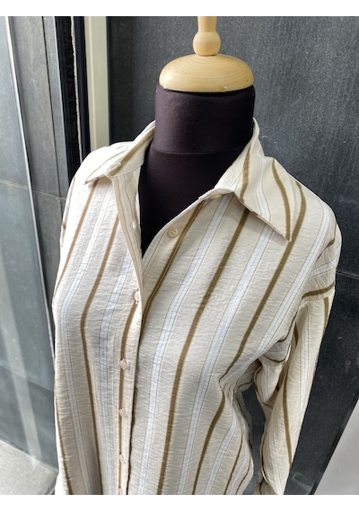 Pera Moda Oversize Çizgili Uzun Kadın Gömleği Taş