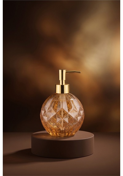 Boby Diamond Küre Cam Sıvı Sabunluk Gold Pompalı Kristal Desenli Dekoratif Banyo Ve Mutfak Dispenseri - 16 Cm X 10 Cm - 500ml - Turuncu