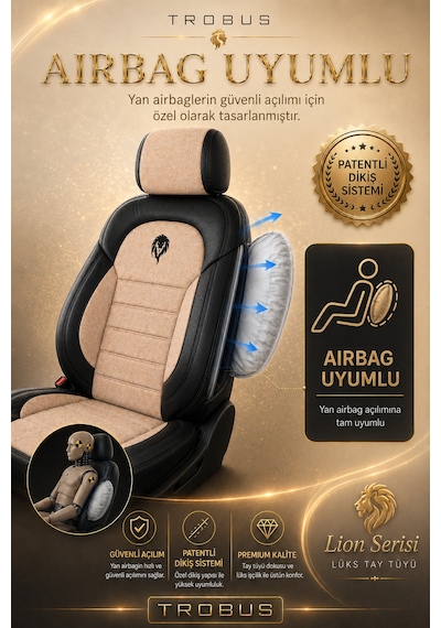 Renault R9 Broadway 1990-2000 Uyumlu Lion Serisi Tay Tüyü Bej Siyah Premium Koltuk Kılıfı