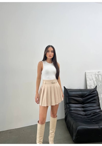 Kadın Dokuma Kumaş Pileli Kemerli Etek Astarlı, Mini Boy, Modern Ve Şık Tasarım Bej