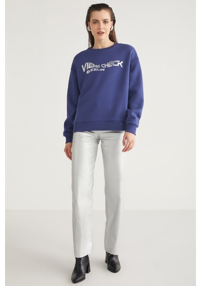 Ethıquet Clover Kadın Bisiklet Yaka Varak Baskı Detaylı Lacivert Sweatshirt