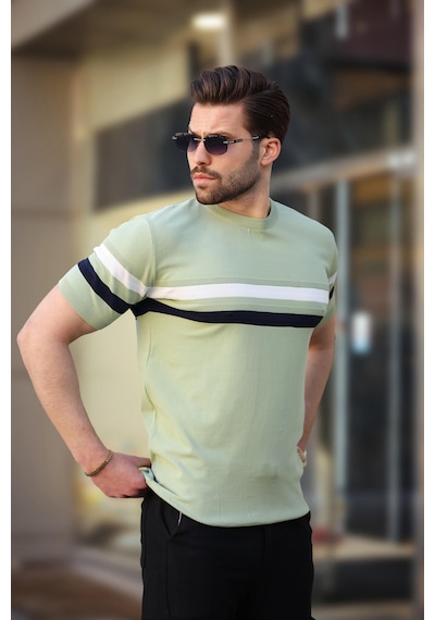 Madmext Madmext Çağla Yeşili Bisiklet Yaka Çizgili Erkek T-shirt E7412 Çağla Yeşili