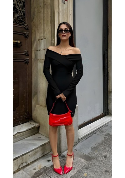 Lymens Noir Elegance Çapraz Bant Detaylı Elbise Siyah