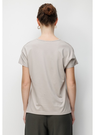 Kadın Sıfır Yaka Nakış İşlemeli Düşük Kollu Penye T-shirt Bej Bej