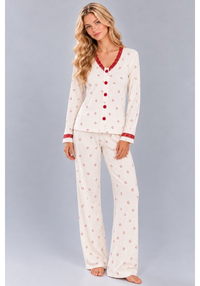 Pijamask Kadın Çiçek Ve Kelebek Desenli V Yaka Düğmeli Uzun Kollu Kaşkorse Pijama Takımı Beyaz-5 Pijamask Kadın Çiçek Ve Kelebek Desenli V Yaka Düğmeli Uzun Kollu Kaşkorse Pijama Takımı Beyaz-5