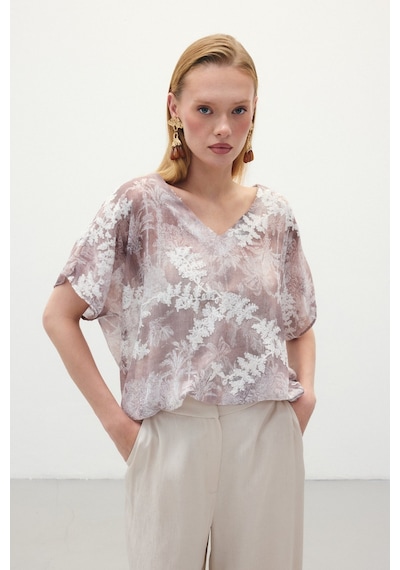 Sateen Nakışlı Kısa Kol Bluz - Camel-136299 CAMEL