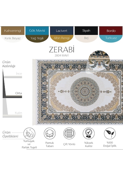 Cool Halı Zerabi Mavi Lüks Vintage Salon Halısı Premium Exclusive Yumuşak Parlak Göbekli Klasik Halı