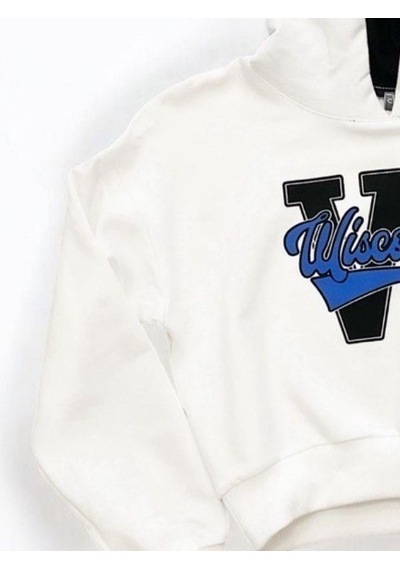 Kız Çocuk Pamuklu W Yazılı Kısa Sweatshirt-14380 Ekru