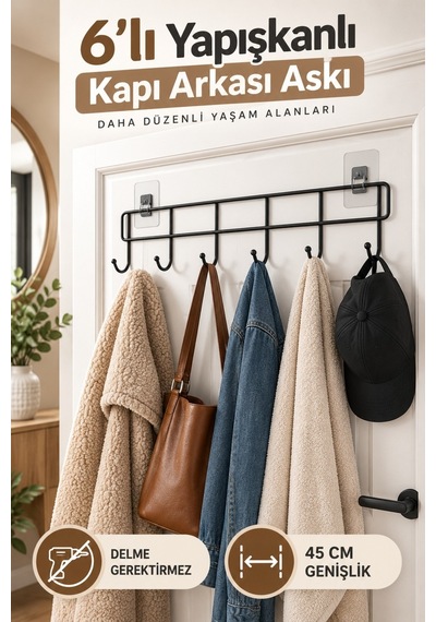 6 Lı Yapışkanlı Kapı Arkası Askı Çok Renkli