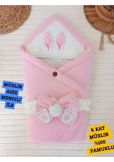 4 Kat Müslin Kiremit Bebek Battaniyesi %100 Pamuklu Doğal Organik Uyku Kundağı Hastane Çıkışı Pembe