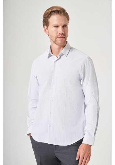 İmza Sert Yaka Uzun Kol Cepsiz Slim Fit Pamuklu Gömlek 1004260210 Beyaz - Lacivert