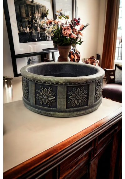 Çiçek Desenli Beton Bonsai Ve Aranjman Saksısı