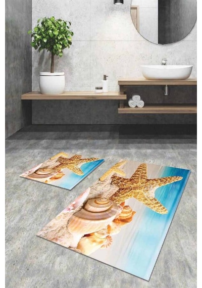 Mavi Deniz Kabuklu Banyo Halısı Klozet Paspas Seti Bs101n11