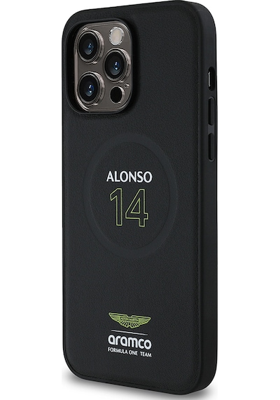Apple Uyumlu iPhone 14 Pro Max Kılıf Aston Martin Lisanslı Magsafe Pu Deri Alonso 14 Baskılı Kapak Siyah