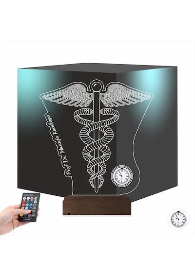 Luvivia Doktor Hediye Tıp Logo Tasarım Kişiye Özel Metal Saatli 3d Lamba - Masa Gece Lambası