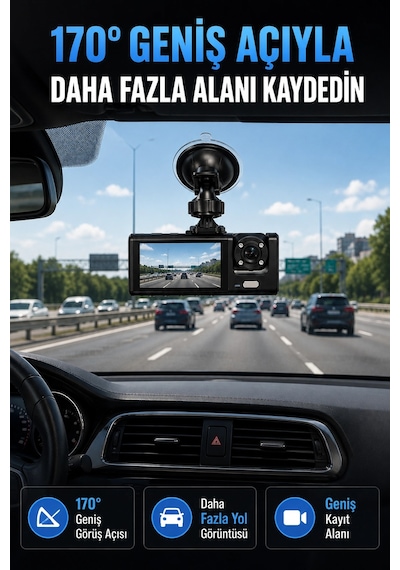 Mey İthalat Wifi Destekli Araç İçi Kamera Çift Kameralı Full Hd 1080p 170 Geniş Açılı Araç Kayıt Kameras