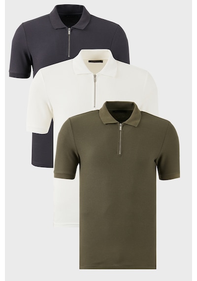 Buratti Pamuklu Regular Fit Yarım Fermuarlı 3'Lü Paket Erkek Polo Yaka T Shirt 5902434S3 Ekru-Haki-Antrasit