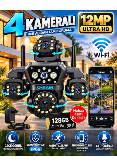 O-kam Ok-251 12mp 4 Kameralı Wifi Gece Görüş Çift Yönlü Ses Uzaktan İzleme Kişi Takibi Türkçe 128gb Akıllı Güvenlik Kamerası