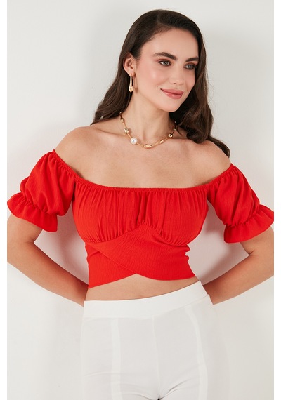 Lela Regular Fit Madonna Yaka Bağlama Detaylı Crop Bayan Bluz 6527017 Nar Çiçeği